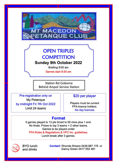 open to all petanque competition in triplet in Gisborne - Australia - Oct. 9, 2022